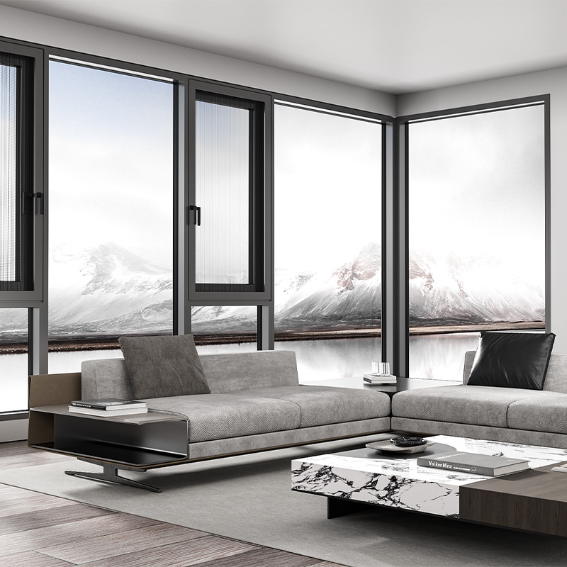 DERCHI rendering of a framed corner glazing arrangement with adjacent operable windows