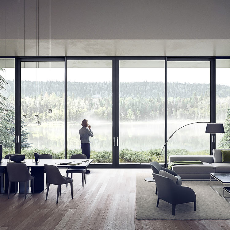 Aluminum sliding doors connecting an interior with a garden