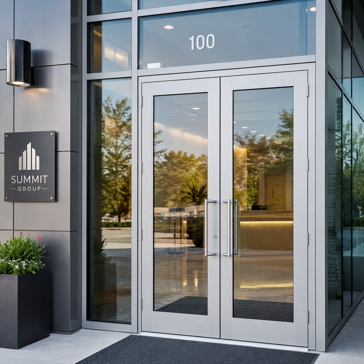 Glazed paired entrance with a transom and adjacent fixed panels
