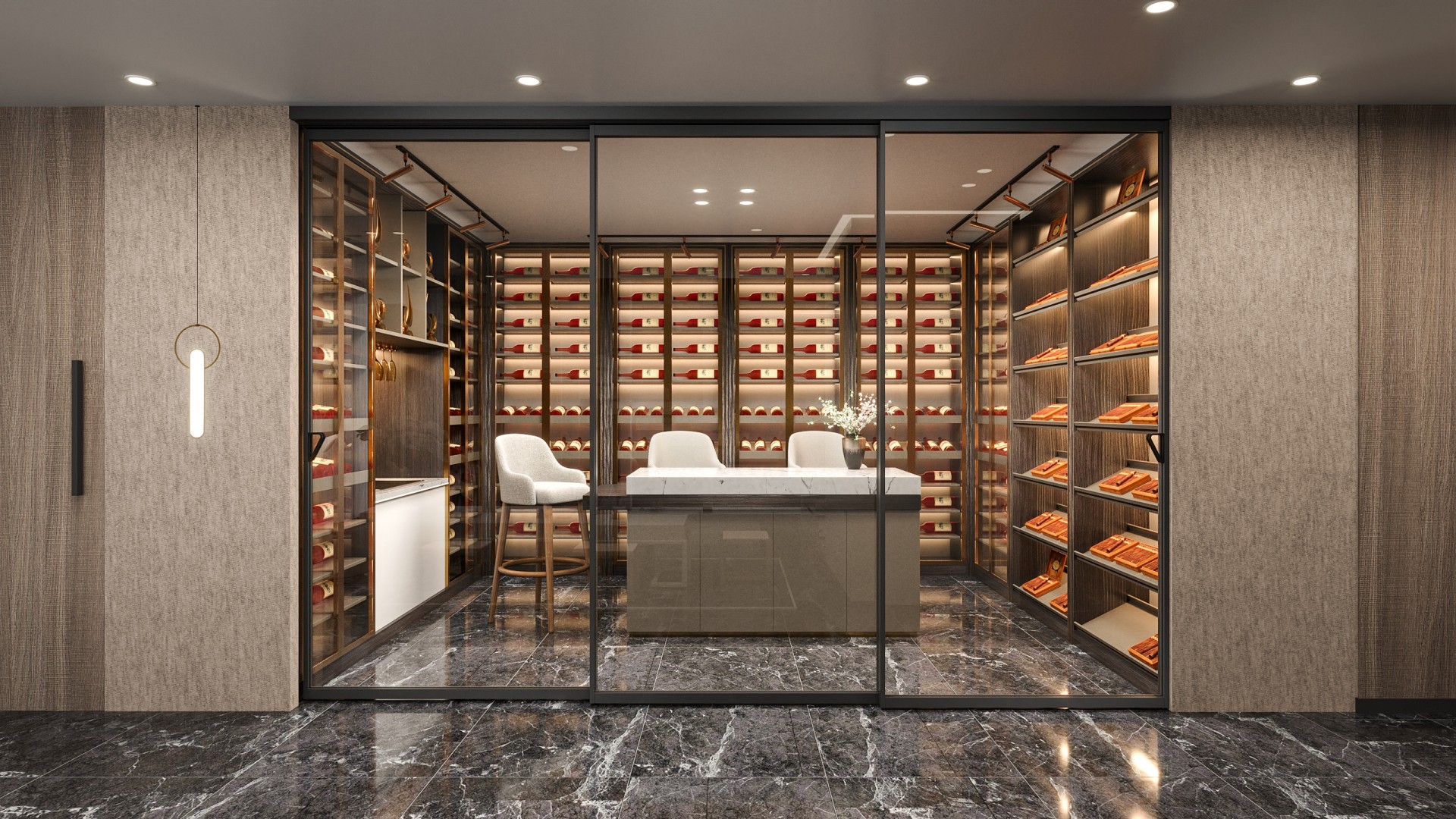 Three-panel glass divider enclosing an interior wine and tasting room.